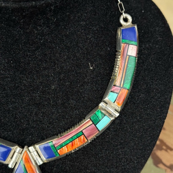Frank Yellowhorse Rare vintage Navajo sterling mosaic necklace with turquoise - Picture 5 of 8